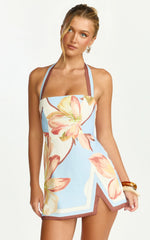 Robyn Mini Dress - Square Neck Halter Neck Faux Wrap Dress in Retro Flower Border Print