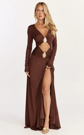 Sahara Maxi Dress - Long Sleeve Cut Out Gold Trim Dress in Chocolate
