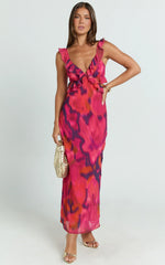 Alessa Maxi Dress - V Neck Frill Detail Empire Waist Back Cut Out Dress in Adeana Print