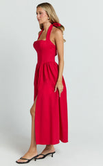 Helda Midi Dress - Halter Tie Neck Corset Panel Dress in Red