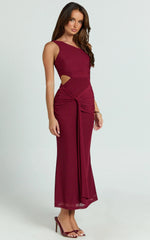 Mandy Midi Dress - Knot Detail Cut Out Mesh Dress in Wine