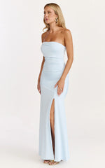 Opal Maxi Dress - Off Shoulder Gathered Bodice Fit And Flare Dress in Blue