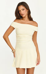 Daisy Mini Dress - Off Shoulder Ruched Pleated Skirt Dress in Cream