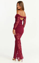 Juliet Maxi Dress - Off Shoulder Long Sleeve Ruched Overlay Lace Dress in Wine