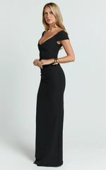 Veronika Maxi Dress - Off Shoulder Plunge High Split Dress in Black