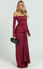 Judith Maxi Dress - Boat Neck Backless Tie Front Long Sleeve Jersey Dress in Wine
