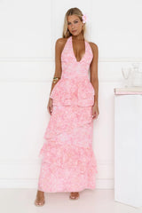Tropical Bloom Halter Tiered Maxi Dress Pink