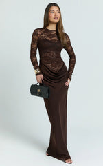 Crisanta Maxi Dress - Long Sleeve Contrast Lace Bodycon Dress in Chocolate