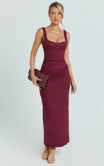 Benita Midi Dress - Scoop Neck Ruched Fitted Dress in Wine