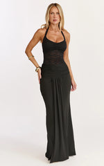 Melville Maxi Dress - Lace Bodice Draped Front Halter Dress in Black