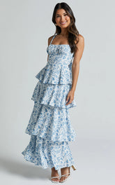 Lorma Midi Dress - Ruched Layered Dress in Blue Floral
