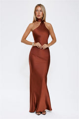 Cinnamon Glaze Halter Satin Maxi Dress Brown