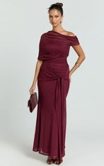 Nicolette Maxi Dress - Cape Sleeve Off Shoulder Dress in Wine