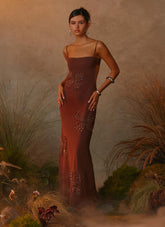 Bayla Beaded Flower Maxi Dress - Chocolate