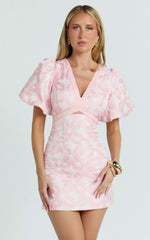 Diana Mini Dress - Jacquard Short Sleeve Cut Out Dress in Light Pink