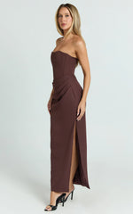 Avery Midi Dress - Strapless Draped Side Split Dress in Chocolate
