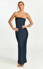 Zaya Midi Dress - Strapless Satin Slip Dress in Navy