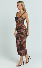 Rosalez Midi Dress - Strappy Ruched Bodycon Dress in Ember Floral