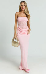 Rania Maxi Dress - Contrast Lace Bodice Bias Cowl Drop Waist Dress in Pink