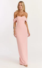 Karina Maxi Dress - Off Shoulder Corset Bodice Lace Up Back Dress in Pink