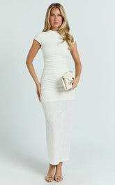Kayrene Maxi Dress - Short Sleeve Jacquard Dress in Cream