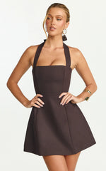 Dante Mini Dress - Halter Neck Tie Tulip Skirt Dress in Chocolate