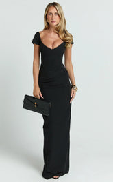 Veronika Maxi Dress - Off Shoulder Plunge High Split Dress in Black