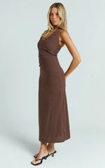Murray Midi Dress - Deep U Halter Neck Dress in Chocolate