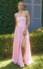 Penny Maxi Dress - Strapless Corset Bodice Floral Embellished Dress in Soft Pink