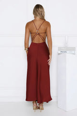 Sultry Satin Crisscross Back Midi Dress Burgundy