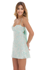 Sequin Embroidered Babydoll Dress in Seafoam