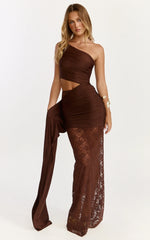 Ferguson Maxi Dress - One Shoulder Draped Jersey and Lace Dress in Chocolate