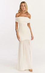 Alanna Maxi Dress - Off Shoulder Ruched Mesh Dress in Cream