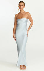 Zaya Midi Dress - Strapless Satin Slip Dress in Pale Blue