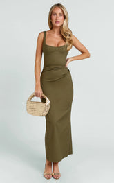 Benita Midi Dress - Scoop Neck Ruched Fitted Dress in Olive