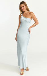Calix Midi Dress - One Shoulder Slip Dress in Pale Blue