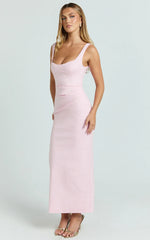 Benita Midi Dress - Scoop Neck Ruched Fitted Dress in Pink