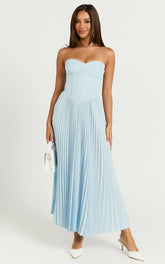 Loretta Midi Dress - Lace Up Back Bustier Pleated Dress in Light Blue