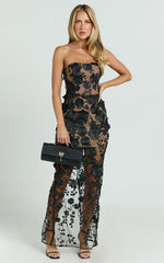 Sienna Maxi Dress - 3D Floral Strapless Column Dress in Black