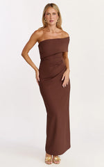 Pearce Maxi Dress - Gathered One Sleeve Bodycon Dress in Brown
