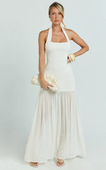 Barbara Maxi Dress - Halter Scoop Neck Contrast Georgette Dress in Ivory