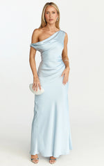 Lira Midi Dress - One Shoulder Satin Dress in Pale Blue