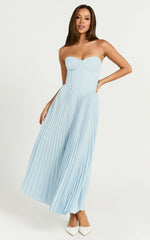 Loretta Midi Dress - Lace Up Back Bustier Pleated Dress in Light Blue