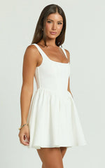 Aimee Mini Dress - Scoop Neck Corset Gathered Dress in White