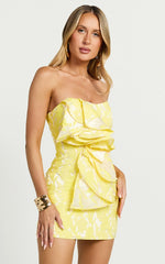 Amalie The Label - Frederika Strapless Ruffle Detail Jacquard Mini Dress in Yellow