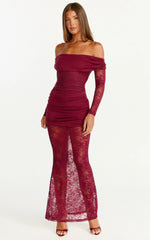Juliet Maxi Dress - Off Shoulder Long Sleeve Ruched Overlay Lace Dress in Wine