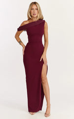 Helen Maxi Dress - One Shoulder Draped Fitted Dress in Wine