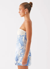 Denby Strapless Mini Dress - Blue Floral Print