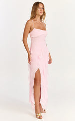 Connie Midi Dress - Ruffle Detail Dress in Pink
