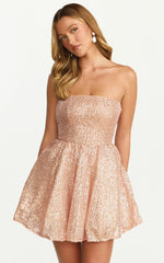 Hana Mini Dress - Strapless Fit And Flare Sequin Dress in Rose Gold